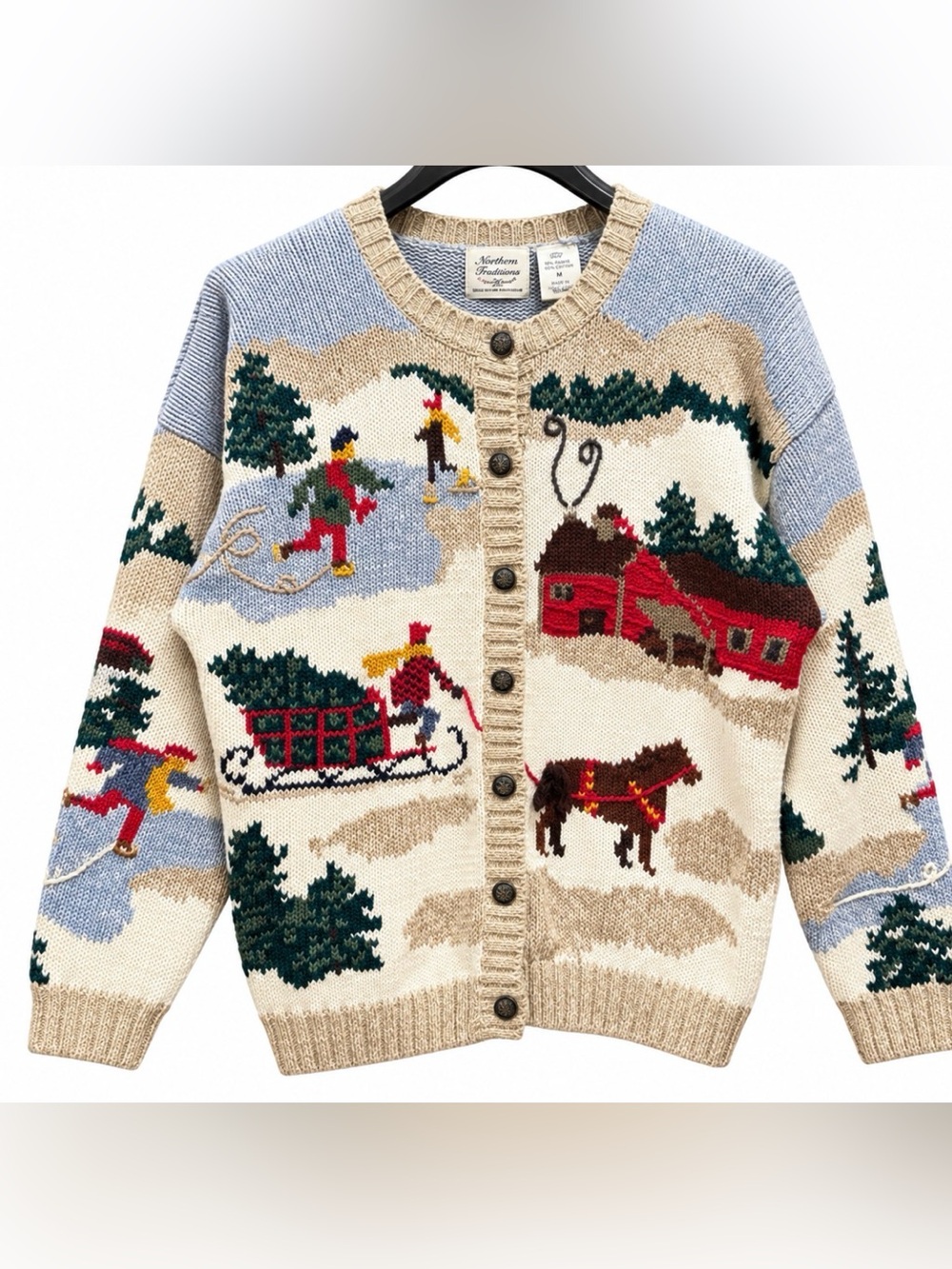 Northern Reflections Nordic Ski Scene Knit Cardigan Winter Cottage Sweater SZ XL